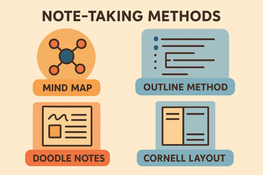 Visual guide to effective note-taking methods: mind map, outline, doodle, cornell layout