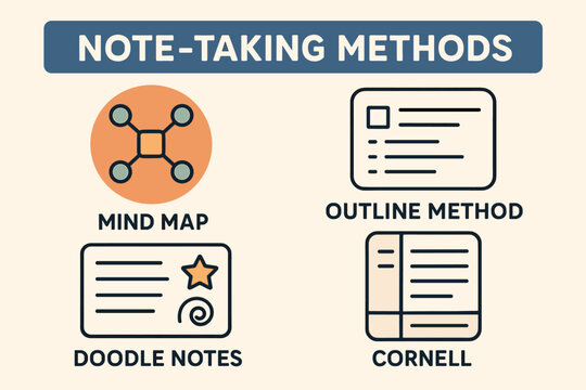 Visual guide to effective note-taking methods: mind map, outline, doodle notes, cornell