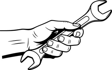 Hand holding wrench repair tool service mechanic silhouette vector illustration
