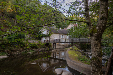 An old stone water mill beside the River Sedelle in rural France, reflected in calm water. A ginger cat sits on the wooden footbridge, adding charm to this peaceful countryside scene.