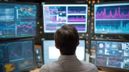 Overtheshoulder view of a network engineer analyzing realtime network traffic graphs displayed on multiple monitors in a server room.