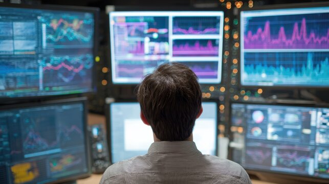 Overtheshoulder view of a network engineer analyzing realtime network traffic graphs displayed on multiple monitors in a server room. - Powered by Adobe