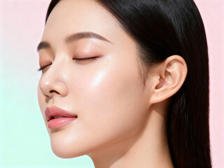 Obraz premium A closeup studio portrait of a glamorous young woman with perfect skin, featuring her clean face, eyes, and lips in a beauty fashion profile that highlights healthy skin care and a subtle smile