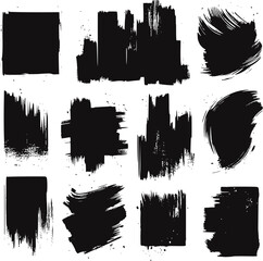 Black vector rough edge rectangles. Grunge square frames set. Jagged edge torn paper background collection. Paint brush strokes. Grungy distressed text boxes. Transparent background EPS version.