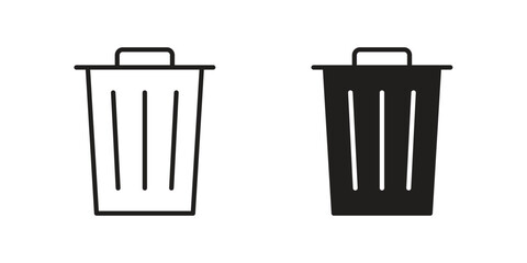 Bin icons in line art and flat black clipart design style