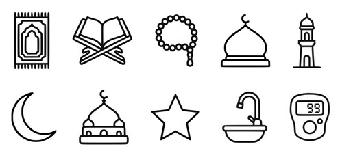  Islamic religion line icons showing Quran book, mosque and minaret, crescent moon and star, tasbih bead prayer mat, icon black outline ,clean symbolic set, concept of Muslim faith worship Ramadan Eid