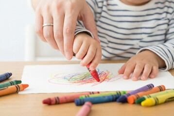Child draws with crayons at a table while an adult guides their hand in a creative activity during daytime