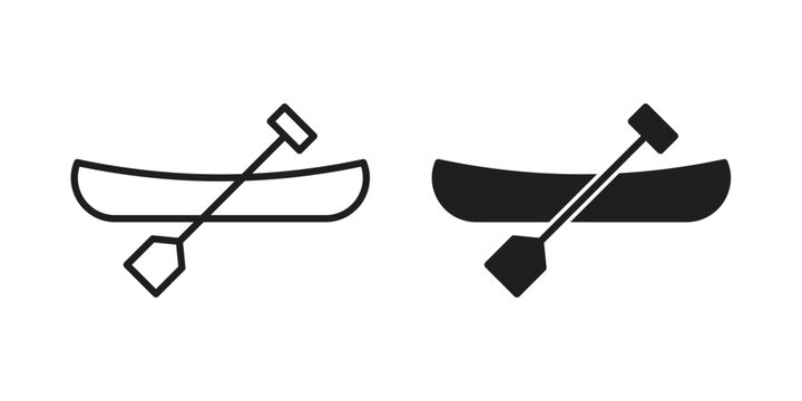 Canoe icons in line art and flat black clipart design style