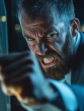 A man in a suit displaying anger.
