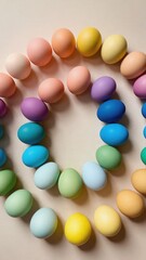Colorful painted eggs arranged in a circular pattern on a light background. The scene represents Easter celebrations and spring festivities.