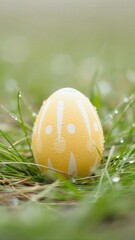 A single yellow painted Easter egg with white patterns rests on green grass, surrounded by dew drops, symbolizing spring and seasonal celebration.