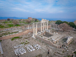 Majestic drone vista of Pergamon Acropolis temples, a legacy of the Attalid Dynasty era in Bergama