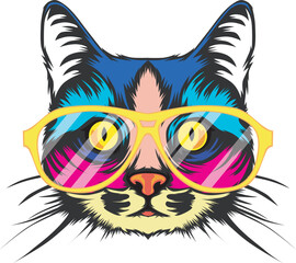 Cat Wearing Yellow Sunglasses colorful white background