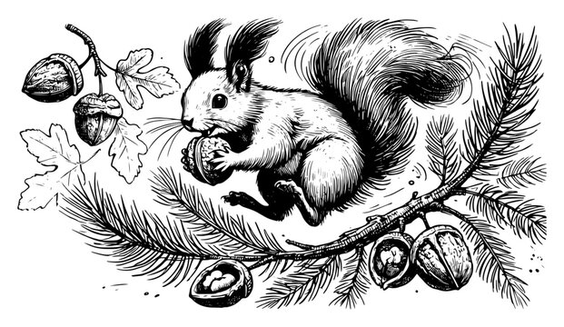 Detailed woodcut style drawing of a squirrel sitting on a pine branch holding a nut