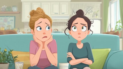 Two animated women on a couch expressing concern in a cozy living room setting