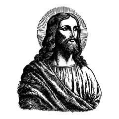 Detailed vintage woodcut engraving of Jesus Christ with a radiant holy halo