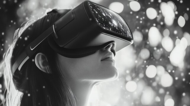 A young woman wearing a virtual reality headset and headphones, immersed in an immersive experience with sparkling lights in the background. - Powered by Adobe