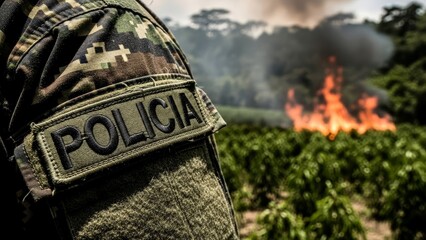 Detail of the word POLICIA on a camouflage sleeve amidst smoke and flames.