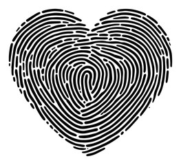 Stylized heart shape formed by fingerprint patterns in woodcut style