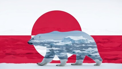 Arctic landscape with icebergs inside a polar bear shape on the Greenland flag.