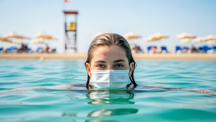 New normal travel concept featuring a female tourist swimming with a face mask on.
