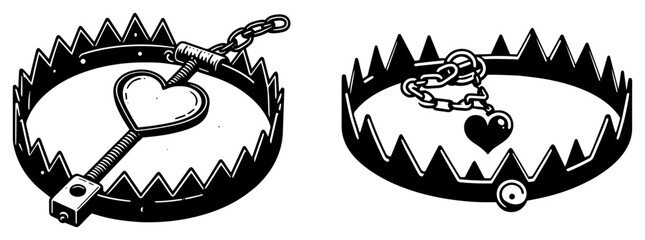 Metaphorical hand drawn sketch of heart traps representing toxic love