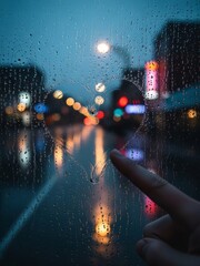 Romantic concept featuring a heart symbol traced on a rainy window against city lights.