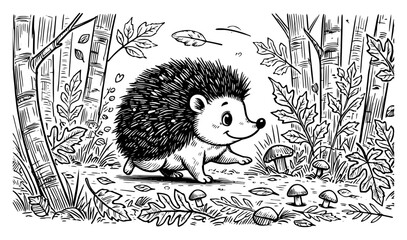 Cute little hedgehog character walking in a forest with mushrooms and trees
