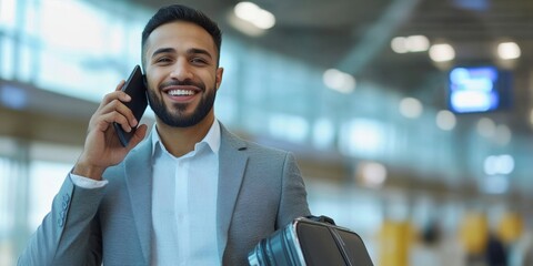 Obraz premium A man is talking on his cell phone while holding a briefcase. He is smiling. The background is a white wall