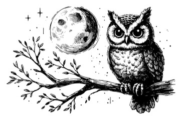 Detailed hand drawn sketch of an owl sitting on a tree branch with a full moon