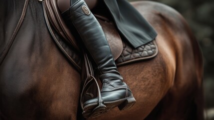 Equestrian boot in stirrup &mdash; saddle detail