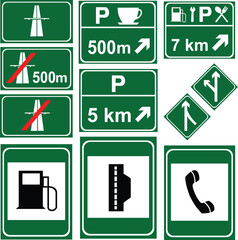 Green traffic signs and road signs transportation