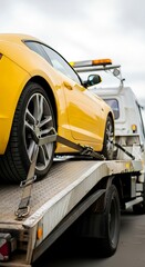 Yellow luxury sports car secured with straps on a flatbed tow truck.