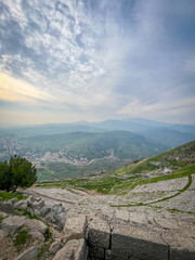 Sweeping panoramic view of Pergamon Acropolis, a legacy of the Attalid Dynasty era in Bergama, Turkey