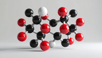 3D molecular model of organic compound with black, red, and white spheres connected by rods on neutral background