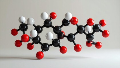 3D molecular model of organic compound with black, red, and white spheres connected by rods on neutral background