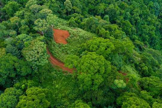 Aerial view of a swathe of rust-colored earth carved into the vibrant green hillside, contrasting with the dense canopy, Tinamaste, San Jose, Costa Rica.