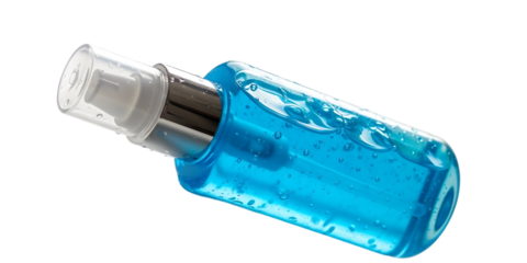 Blue transparent spray bottle with sanitizer or cosmetic liquid and pump nozzle isolated on transparent background

