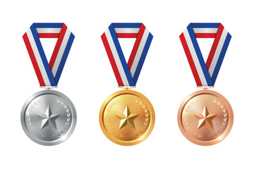 Vector 3d Gold, Silver, Bronze Medal Set, Isolated. Award Medals for Sport. Medal Icon, Isolated. Medal Badge Collection. Winner First Second Third Place Trophy Design Template for Championship