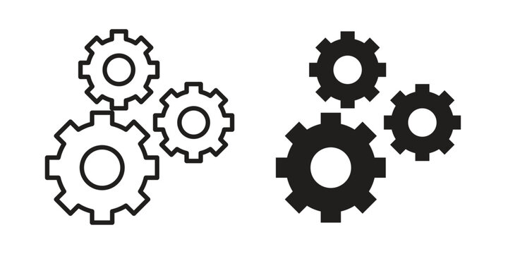 Gears icons in line art and flat black clipart design style