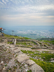 Hellenistic ruins of Temple of Athena featuring panoramic valley vista in Pergamon Acropolis
