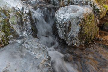 Frozen branches at edge of flowing stream during winter in forest