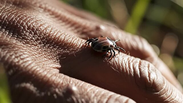 Closeup view of a tick crawling on human skin, outdoors in natural sunlight, emphasizing texture and detail