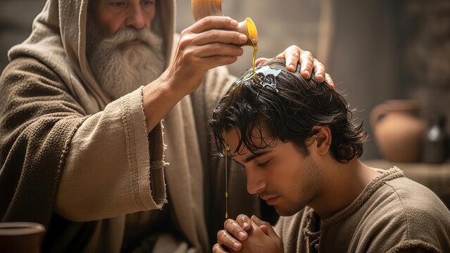 Bearded man anointing young man with oil from a horn, depicting a biblical ritual or consecration ceremony for religious use.