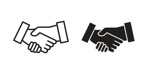 Handshake icons in line art and flat black clipart design style