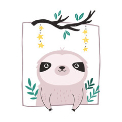 Obraz premium Happy Baby Sloth in Floral Frame Cartoon Nature Vector Illustration for Kids