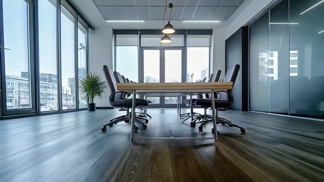 Modern corporate boardroom interior featuring large windows and contemporary design overlooking city views