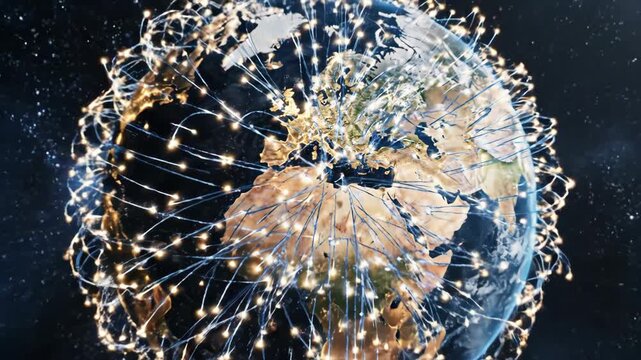 Rotating globe with bright internet network points and light trails over Europe, Africa, and North America for global data connection concept.