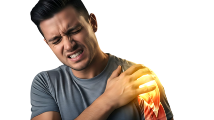 Man suffering from shoulder pain showing muscle inflammation and joint injury concept isolated on transparent background

