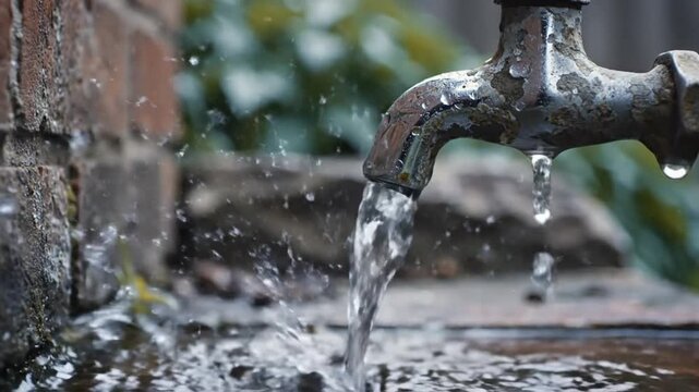 Close-up shot of an old water tap dispensing fresh, clear water into a shallow pool with brick wall